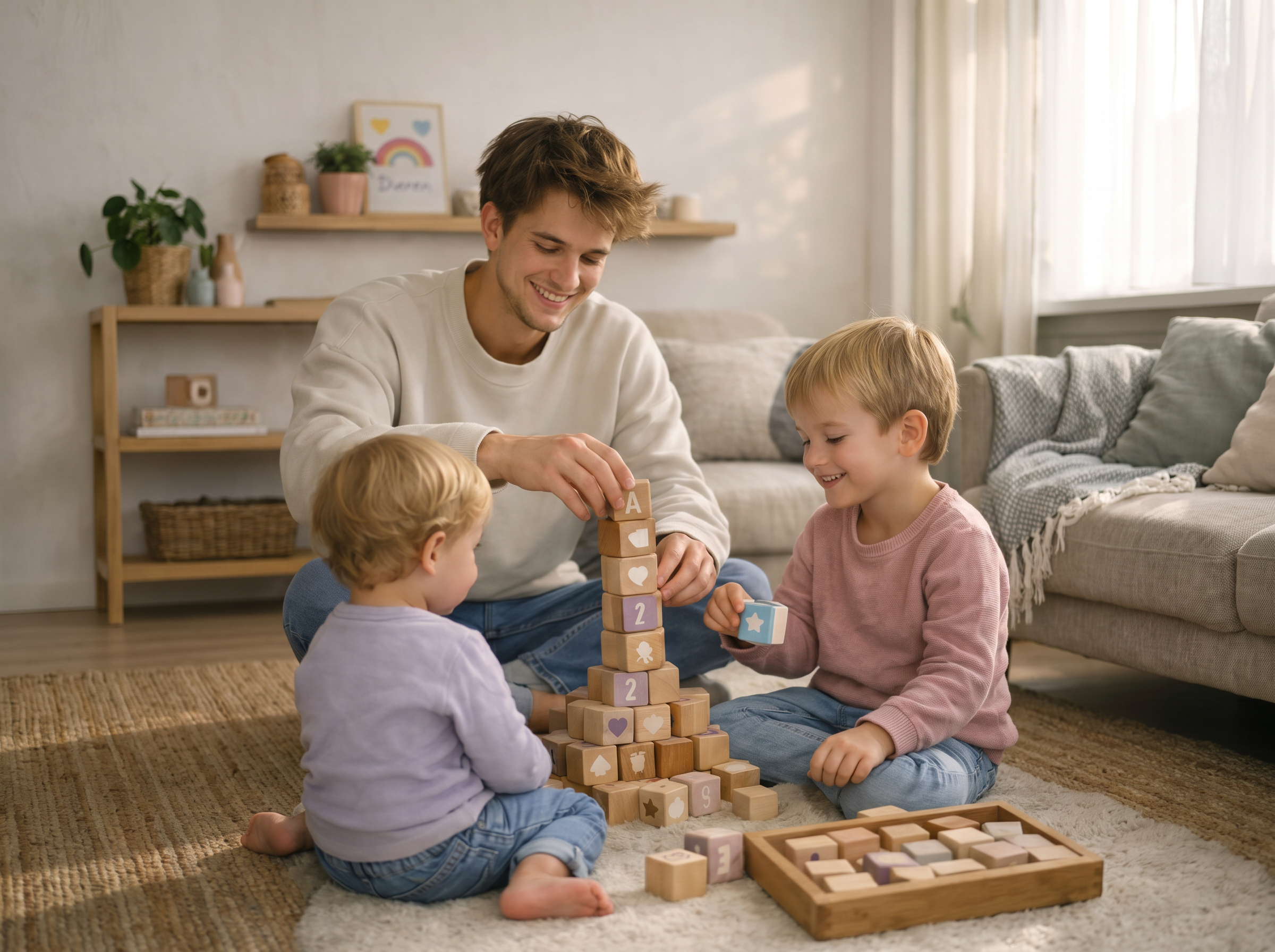 Babysitter bouwt samen met twee kinderen een toren van houten blokken in de woonkamer.